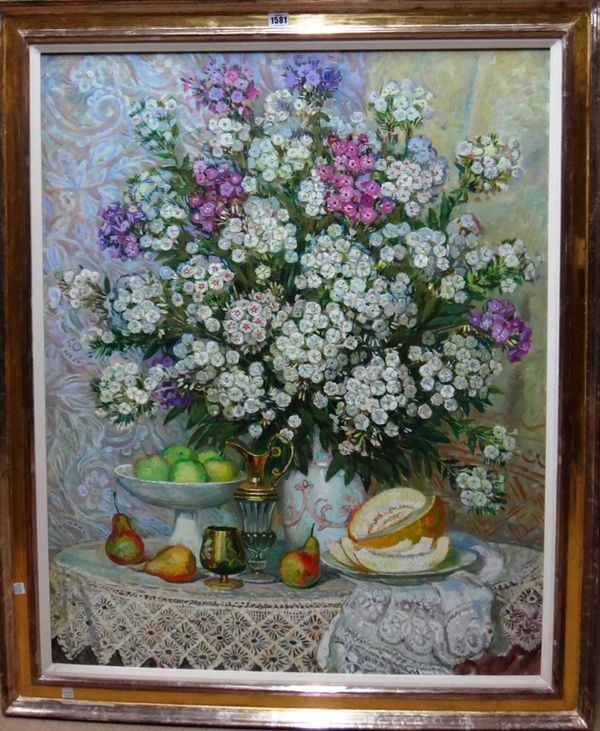 Russian School (late 20th century), Still life of fruit and wallflowers, oil on canvas, indistinctly signed, inscribed and dated 1999 on reverse, 98cm
