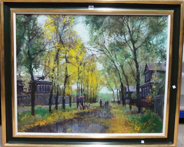 Ahgper Dëmhh (20th century), An avenue of trees in autumn with figures walking, oil on canvas, signed, indistinctly signed and inscribed on reverse, 7
