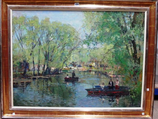 Ahgper Dëmhh (20th century), River scene with figures punting, oil on canvas, signed, indistinctly signed, inscribed and dated 1997 on reverse, 73cm x