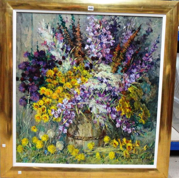 O. Apaumacob (20th century), Still life of purple and yellow blooms, oil on canvas, indistinctly signed, indistinctly signed, inscribed and dated 1999