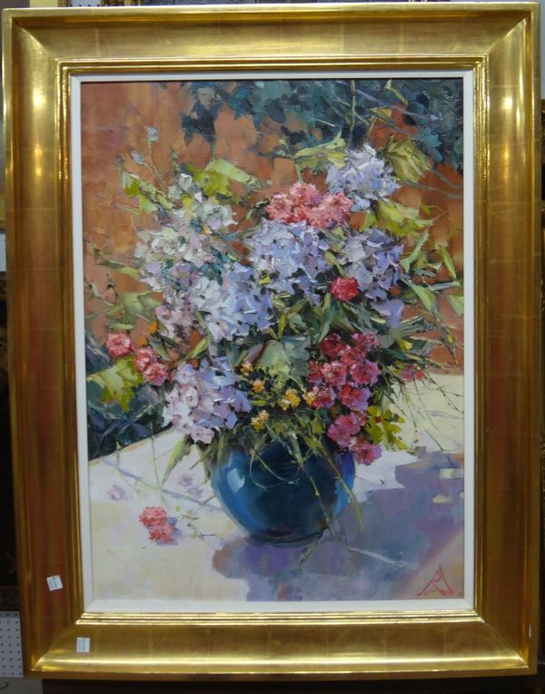 Pyma Daypoba (late 20th century), Still life studies of summer flowers, a pair, oil on canvas, both signed with monogram,. indistinctly signed and dat