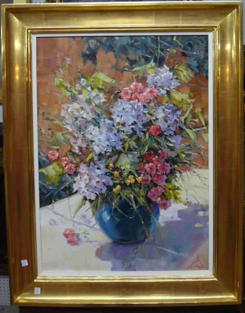 Pyma Daypoba (late 20th century), Still life studies of summer flowers, a pair, oil on canvas, both signed with monogram,. indistinctly signed and dat