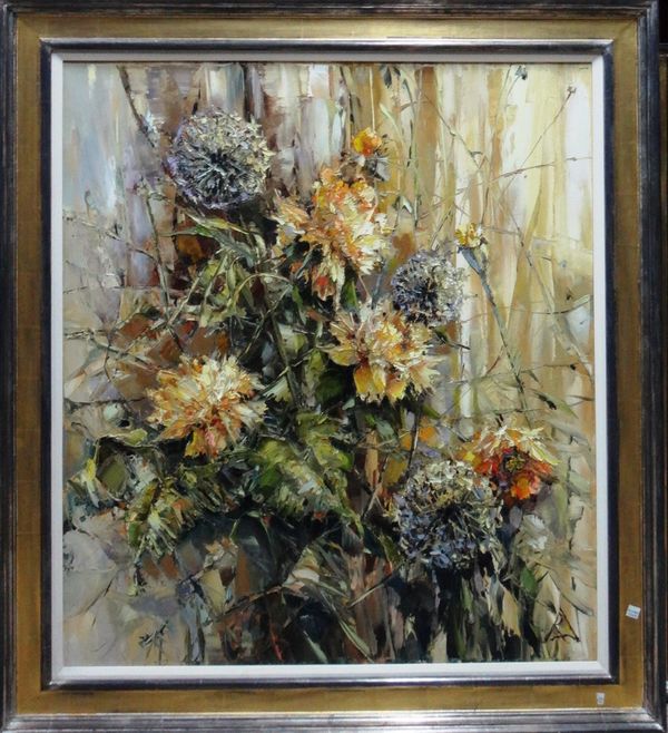 Pyma Daypoba (late 20th century), Still life of wild flowers and grasses, oil on canvas, indistinctly signed and dated 1998 on reverse, 89cm x 79cm.