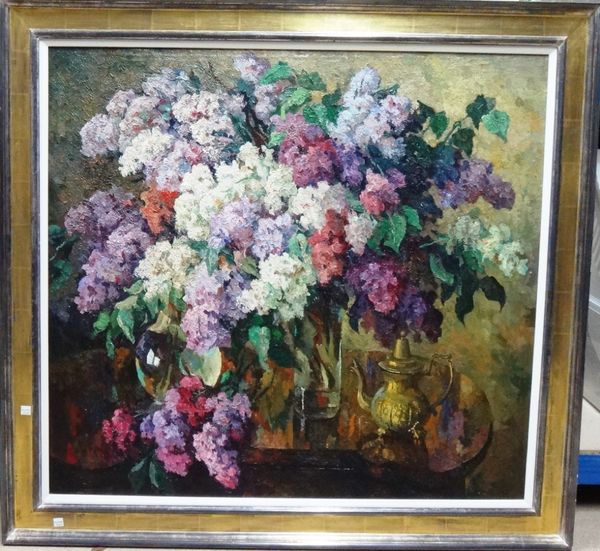 Russian School (late 20th century), Still life of lilac, oil on canvas, indistinctly signed and dated 1998 on reverse, 83cm x 90cm.