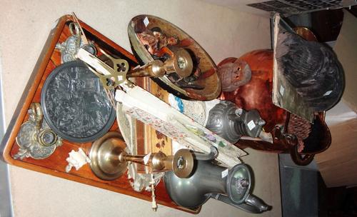 A quantity of collectables including, a copper coal scuttle, pewter jugs, brass candlesticks, a lacquer tray and sundry.
