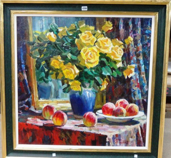 Mumehko (20th century), Still life of peaches and yellow roses, oil on canvas, signed, 83cm x 68cm.