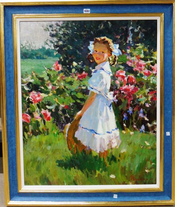 Mumehko (20th century), Young girl in a garden, oil on canvas, signed, 83cm x 68cm.  Illustrated