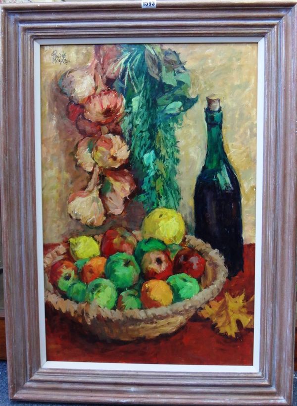 Philip Moysey (1912-1991), Still life of onions, fruit and bottles, oil on board, signed, 75cm x 50cm. DDS