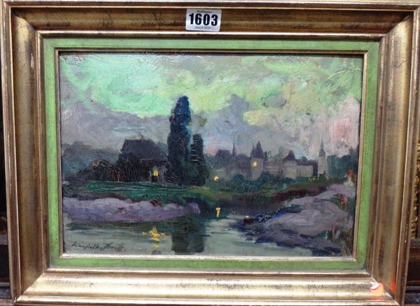 Jeno Karpathy (1871-1950), Distant town scene at dusk, oil on board, signed, 21cm x 30cm. DDS