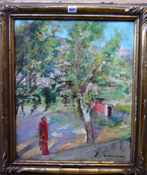 Ernest Santasusagna (1900-1964), A tree in a garden, oil on canvas, signed, 54cm x 44cm.  DDS