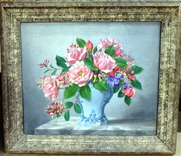 John E. Nicholls (1885-1955), Still life of roses, honeysuckle, and harebells, oil on board, signed, 50cm x 60cm. DDS