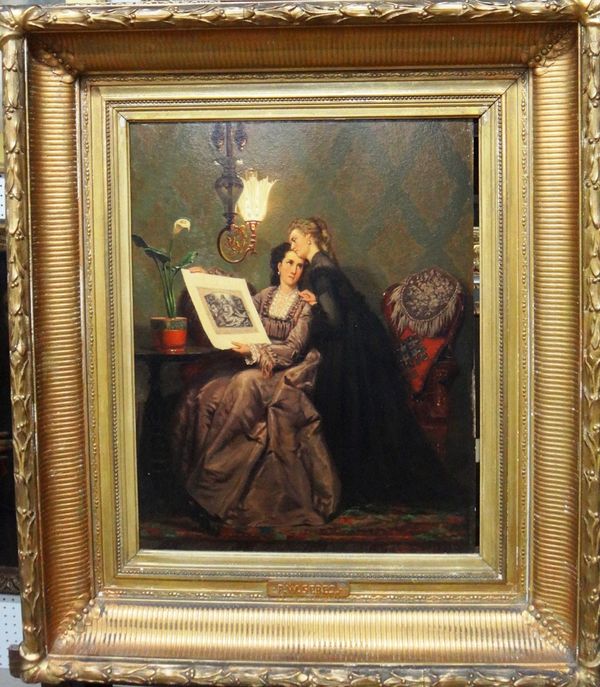 Pieter-Willem Sebes (1830-1906), Admiring the folio, oil on panel, signed, 48cm x 38cm.  Illustrated