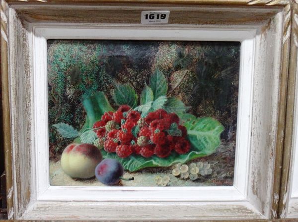 Oliver Clare (1853-1927), Still life of fruit; Still life of blossom and birds nest, a pair, oil on canvas, both signed, each 20cm x 23cm.(2)