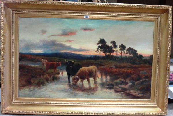 After Peter Graham, Highland cattle watering, oil on canvas, 60cm x 101.5cm.