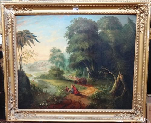 Continental School (early 19th century), Travellers on a country road, a lake beyond, oil on canvas, 61cm x 75cm.