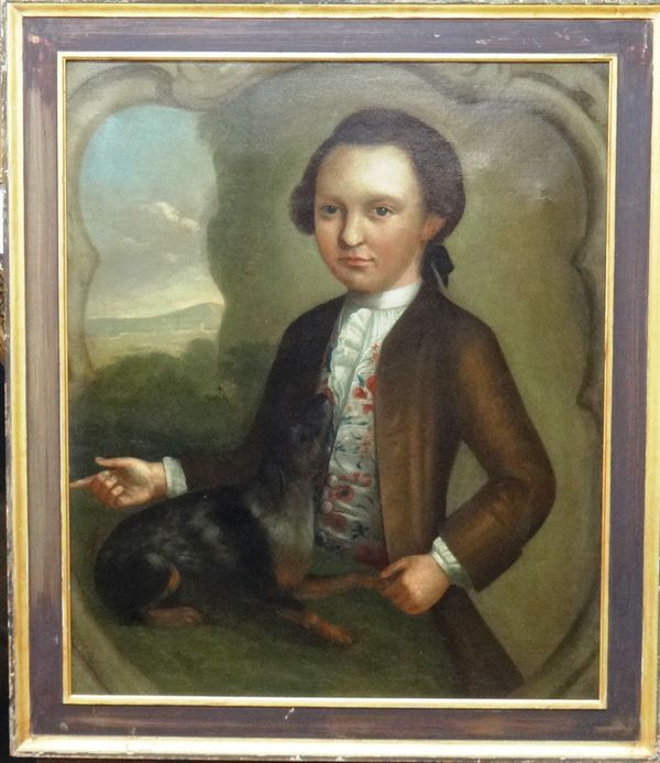 Continental School (18th century), Portrait of a young boy with a pet dog, oil on canvas, 72cm x 60cm.