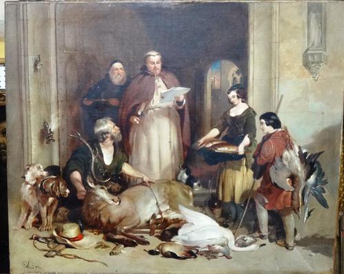 After Sir Edwin Landseer, Scene in the Olden Time at Bolton Abbey, oil on canvas, bears monogram and date, unframed, 63cm x 76cm.