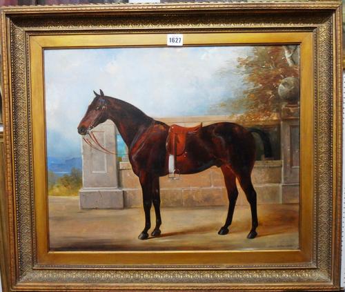 Henry Barraud (1811-1874), A Bay Hunter before a balustrade, oil on board, signed, 42cm x 52cm.  Illustrated