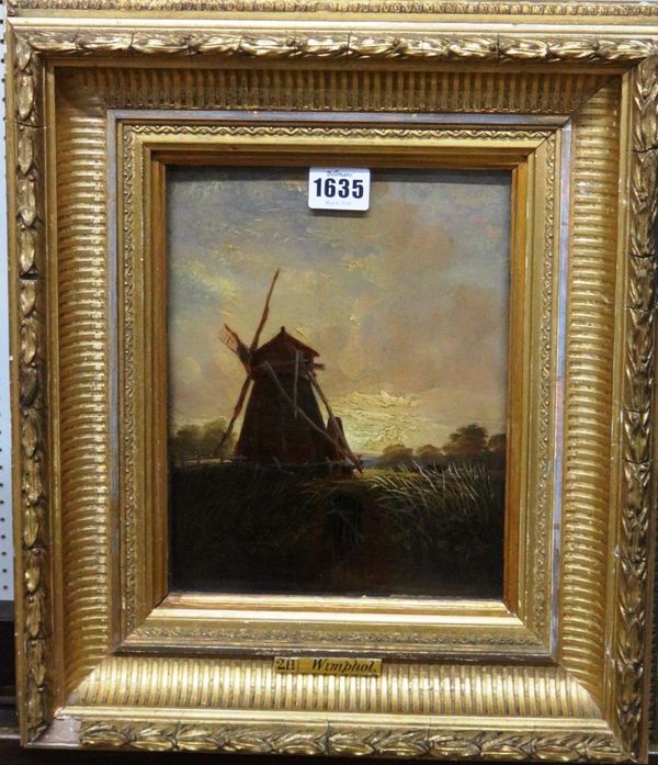 Thomas Lound (1802-1861), A Norfolk Mill, oil on panel, inscribed on label on reverse, 23cm x 18cm.