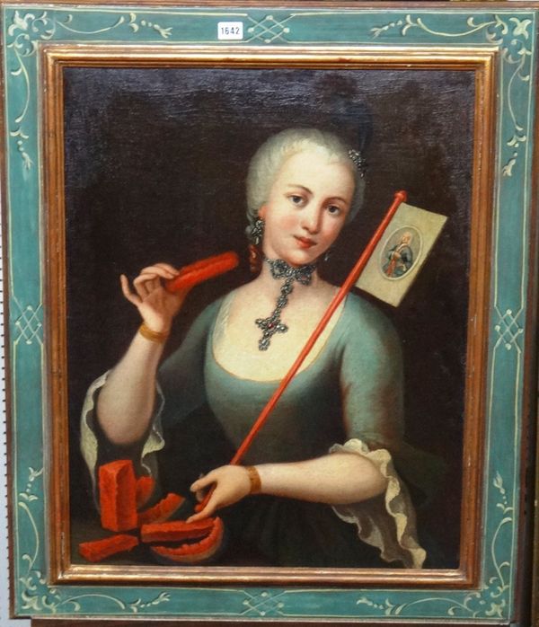 Circle of Pietro Longhi, portrait of a lady holding a fan and teacup; Portrait of a lady eating watermelon and holding a banner; Portrait of a gentlem