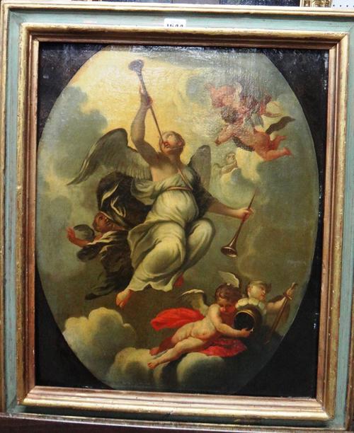 North Italian School (18th century), A trumpeting angel with cherubs, oil on canvas in a feigned oval, 51cm x 41cm.  Illustrated