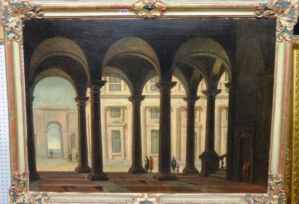 Italian School (18th century), A Capriccio of figures before a temple on a harbour; Capriccio of figures in a colonnade, a pair, oil on canvas, each 6