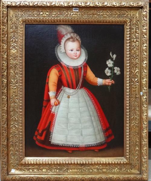 Dutch School (20th century), Portrait of a child in 16th century dress, oil on canvas, 78cm x 58cm.