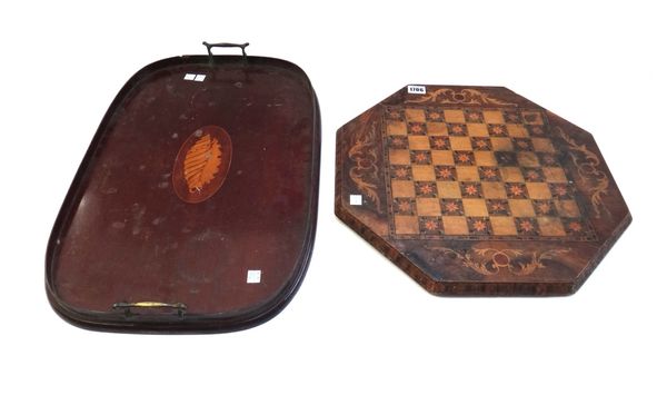 A 19th century marquetry inlaid octagonal sewing table top, 43cm wide, together with an Edwardian conch shell inlaid mahogany serving tray, 55cm wide.