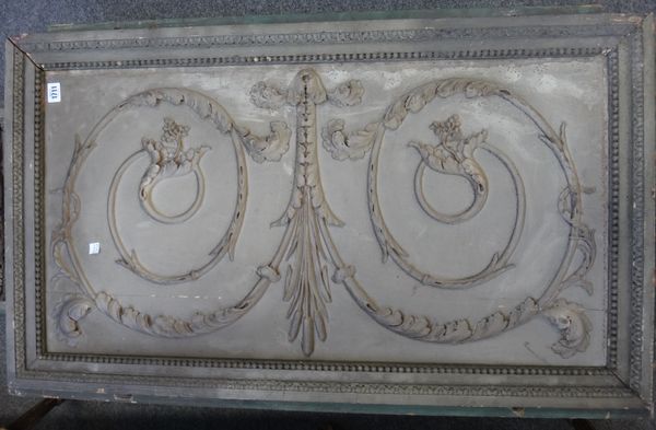 A group of six grey and green painted carved boiserie panels of Louis XVI style.