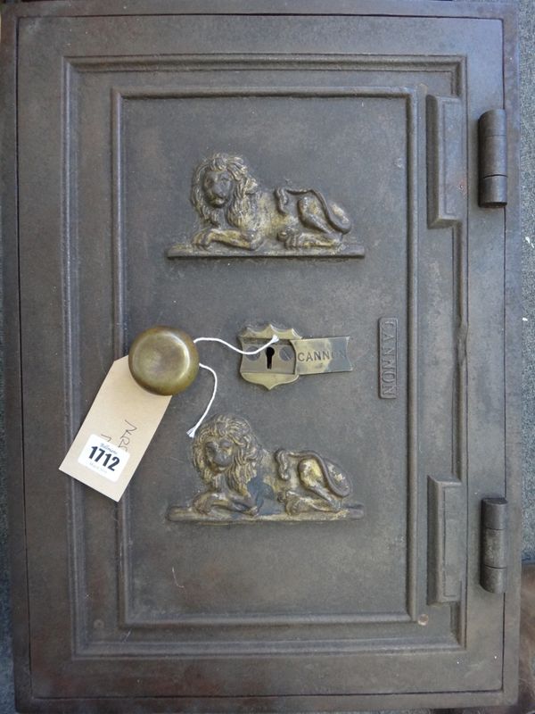 An early 20th century cast iron strongbox, with gilt lion decoration (key lacking) 52cm wide.