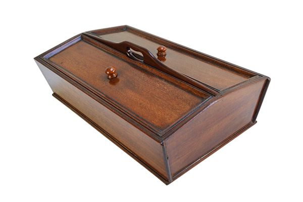 An early 19th century mahogany twin lidded rectangular cutlery box, with pierced loop handle, 42cm wide.   Illustrated