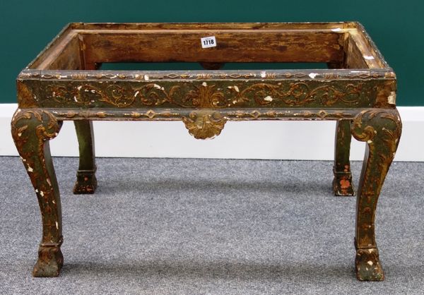 A 19th century parcel gilt green lacquered rectangular stool frame, with shell moulded frieze on square cabriole supports, 70cm wide.