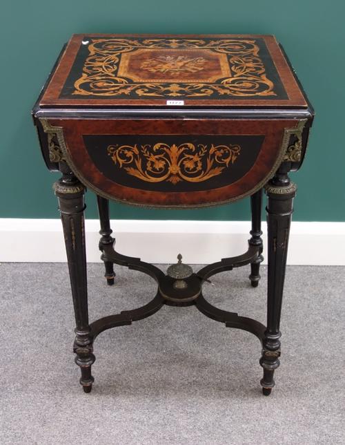 A 19th century marquetry inlaid gilt metal mounted amboyna and ebonised square drop flap table with four shaped leaves on tapering fluted supports, un