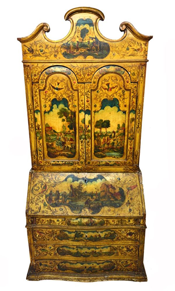 A late 18th/ early 19th century Italian polychrome painted bureau bookcase, the broken swan neck cornice over a pair of arched panel doors, the base w