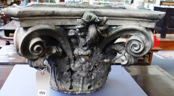 A stone effect acanthus moulded Ionic capital top, 56cm wide x 37cm high.