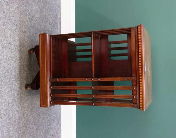 A late 19th century marquetry inlaid mahogany square revolving bookcase, 50cm wide.