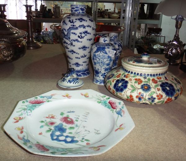 A group of Oriental ceramics including blue and white vases, a large bowl (a.f.) and sundry.