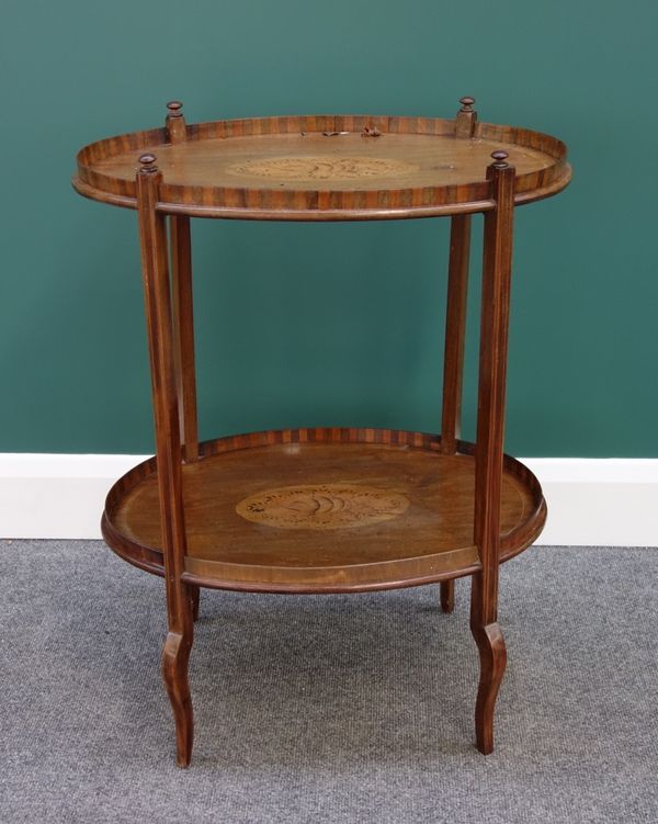 A 19th century marquetry inlaid mahogany oval two tier etagere, on cabriole supports, 56cm wide.