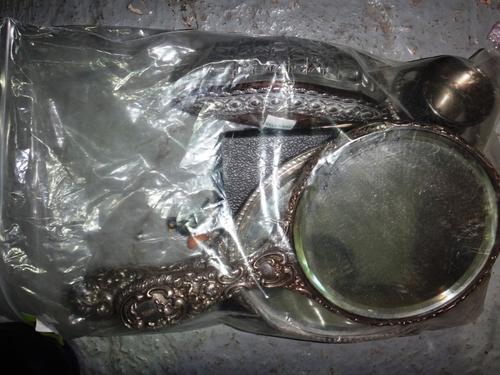 Silver, comprising; two dressing table mirrors, a silver lidded glass box, plated tea spoons and a small quantity of costume jewellery. (qty)