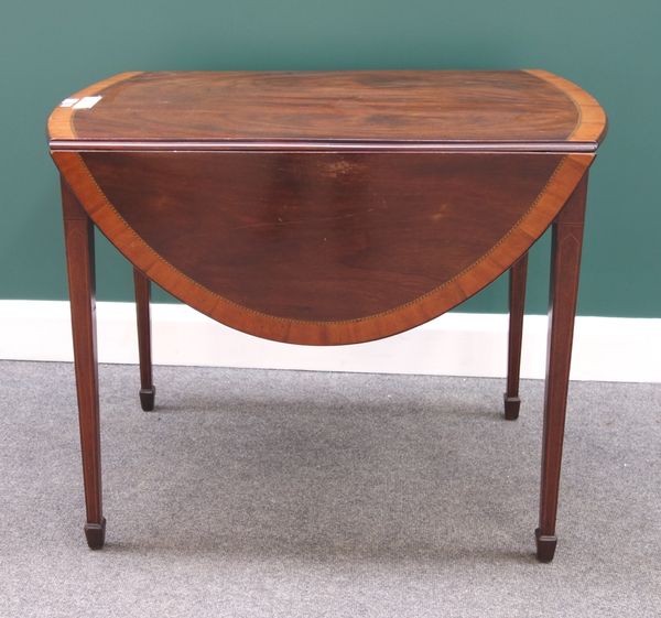 A George III inlaid mahogany Pembroke table, with bow frieze drawer, on tapering square supports, 90cm wide.