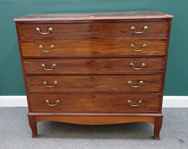 A George III mahogany secretaire, the double dummy drawer front revealing an unusual fitted interior, over four long graduated drawers, on later cabri