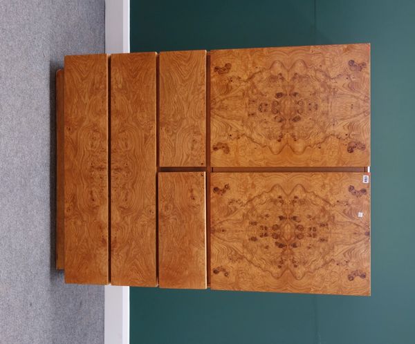 A late 20th century Art Deco style figured ash side cabinet, the pair of cupboards over two short and two long drawers, on plinth base, 107cm wide x 1