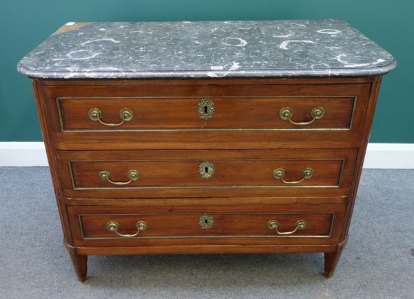 A 19th century commode, the marble top over a brass inlaid three drawer base, with rounded corners, on tapering square supports, 110cm wide.