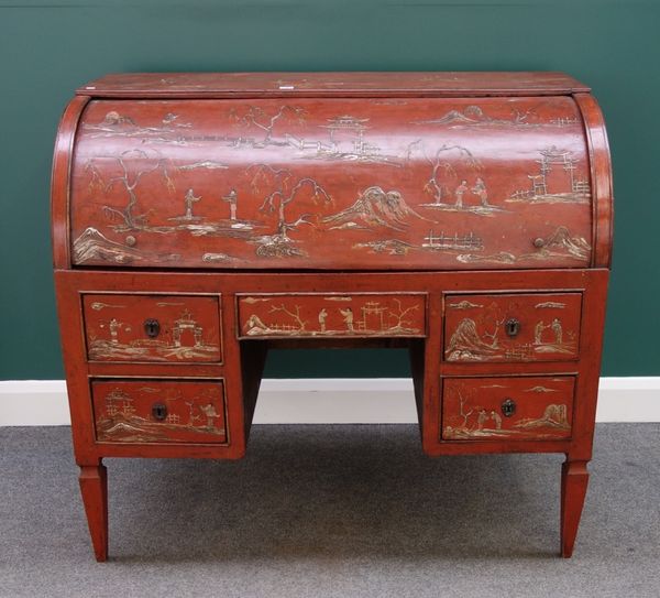 A late 18th/ early 19th century mahogany North Italian scarlet Japanned cylinder bureau, with fitted interior over four frieze drawers, on tapering sq