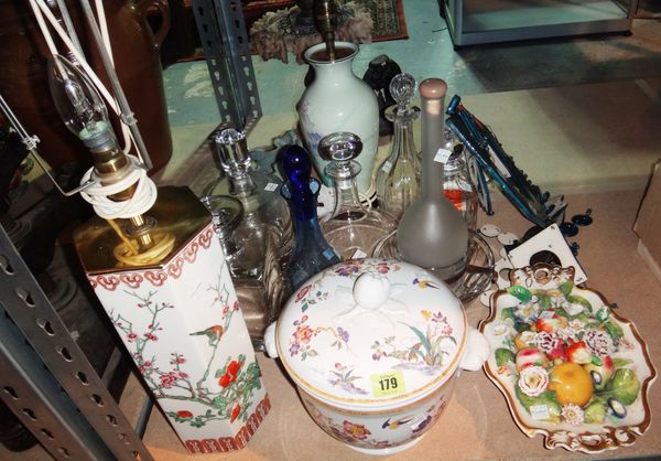 A quantity of ceramics and glass, including; decanters, an Oriental lamp base, a Studio Pottery wall hanging, a floral moulded plate and sundry.