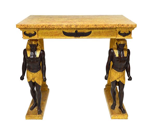 A pair of Empire design console tables, each with brocatelle marble tops over a gilt and bronzed base with pair of Egyptian figure supports 106cm wide