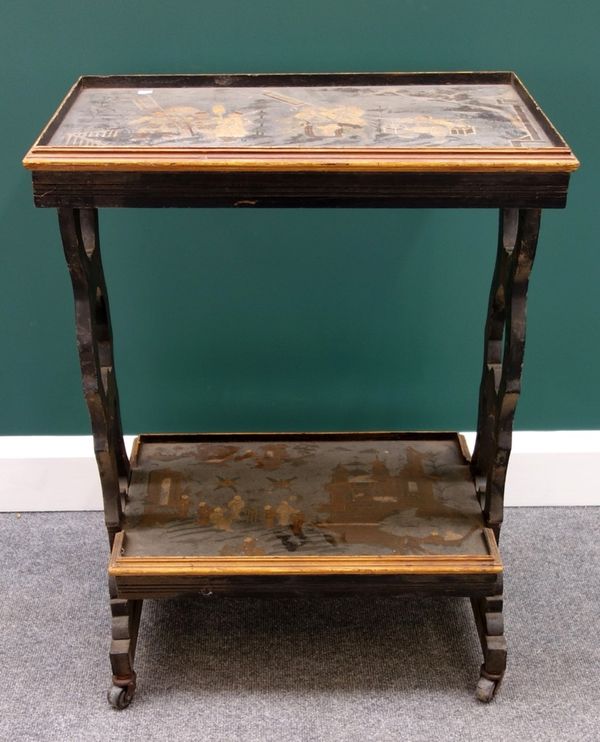 An early 20th century black lacquer chinoiserie decorated two tier occasional table, on pierced trestle end standards, 60cm wide.