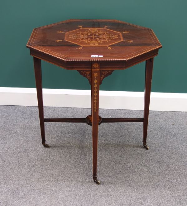 A late 19th century marquetry and satinwood inlaid mahogany octagonal centre table, on tapering square supports united by 'X' frame stretcher, 69cm wi