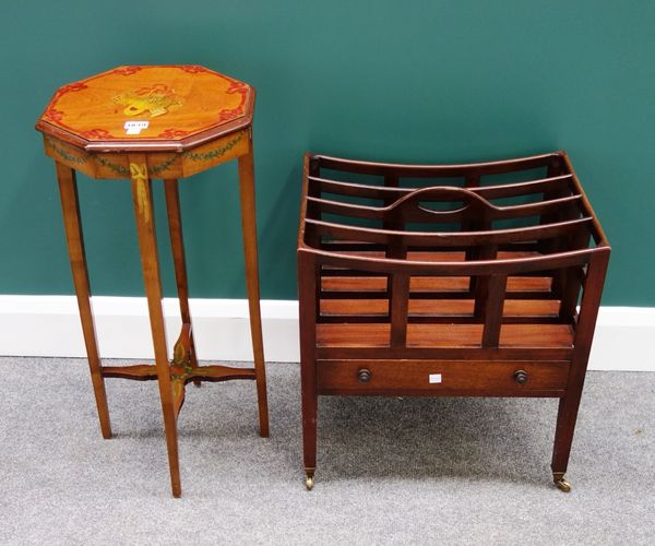 An Edwardian painted satinwood octagonal occasional table, 31cm wide, together with a Regency style Canterbury, 45cm wide, (2).