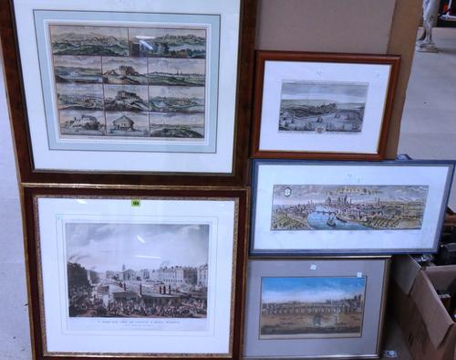 A group of assorted prints and engravings, including an aquatint of a Birds Eye view of Covent Garden Market by Bluck after Pugin and Rowlandson; an e